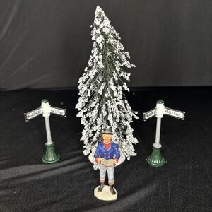 Vintage Lemax Christmas Village Accessory Lot Of 4,‎ Street Signs, Tree, Caroler